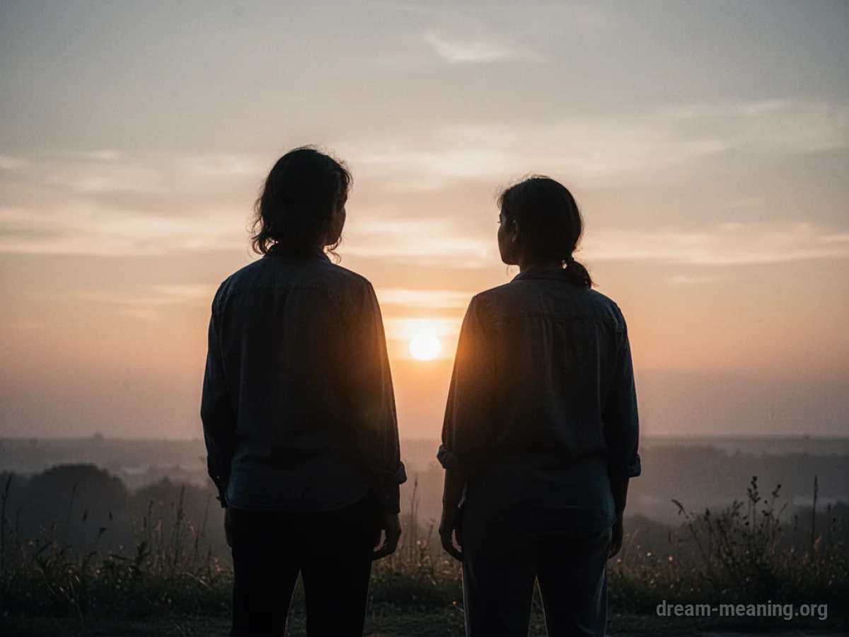 Two silhouetted figures facing a distant warm light.