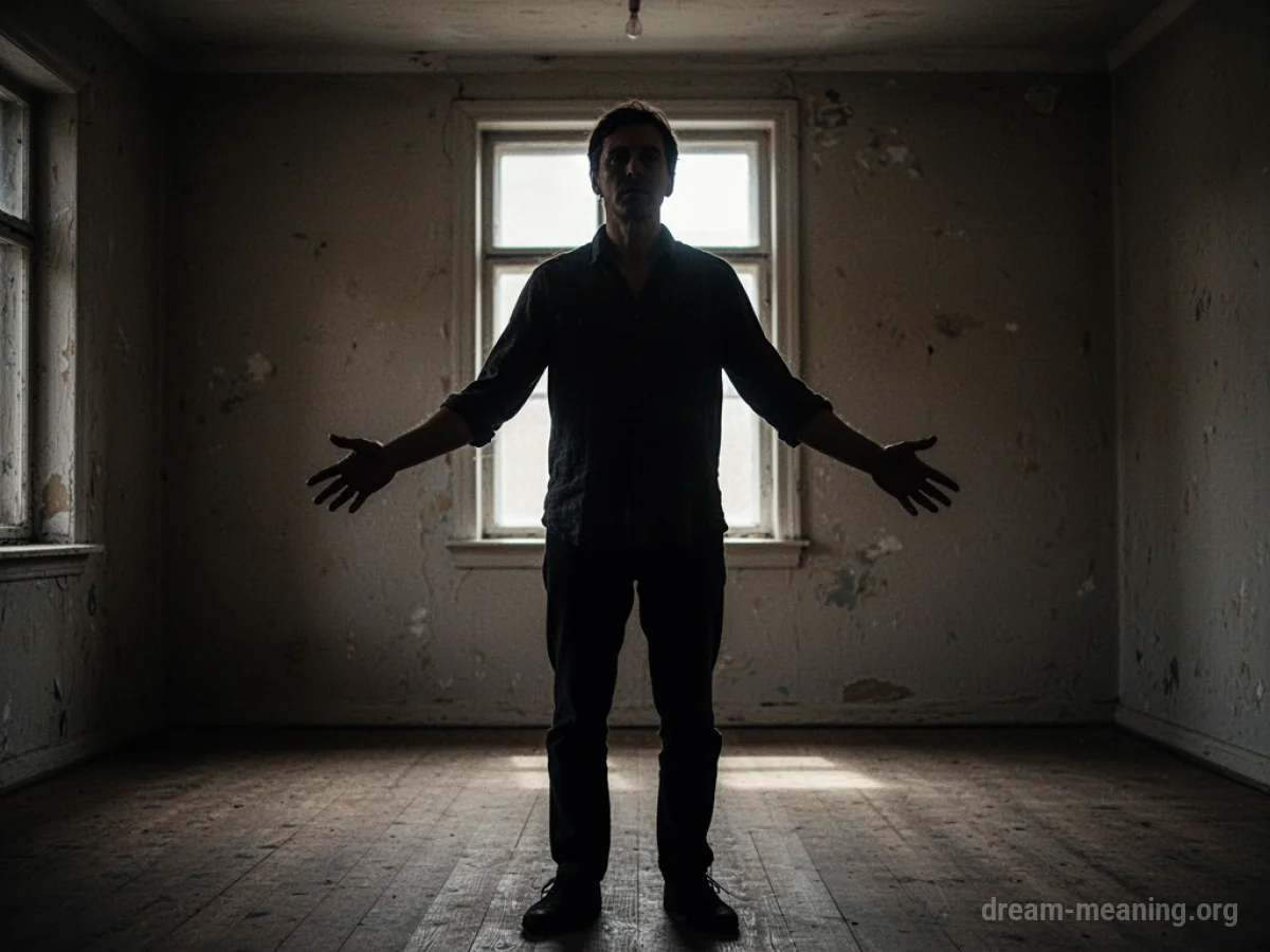 Silhouette of a person with empty hands in a dimly lit, bare room.