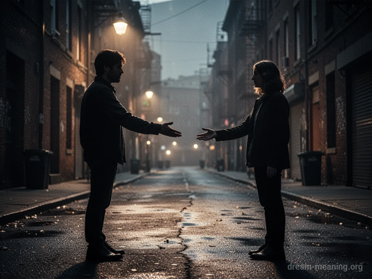 Two silhouetted figures on a street, one reaching out.