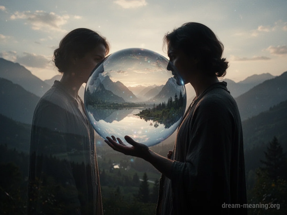 Silhouette of a person gazing into a luminous orb showing a distant view.