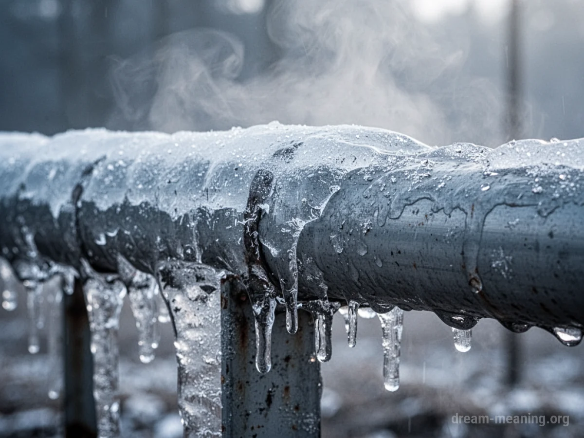 A metal pipe completely covered in a thick layer of frost and ice.