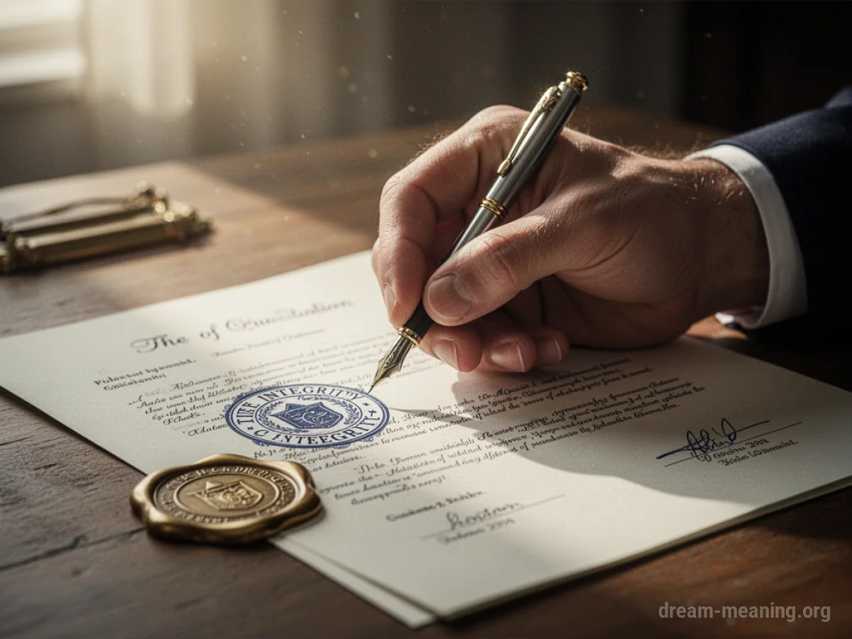 A hand signing a document with a golden seal.