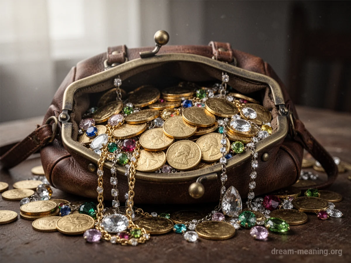 A leather purse overflowing with gold coins and jewels.