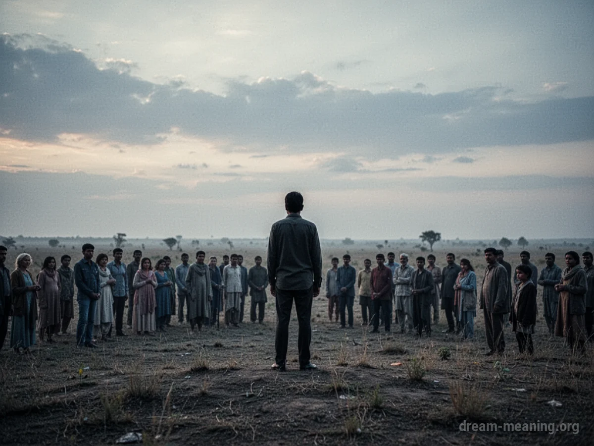 A solitary person at the edge of a somber gathering with a cloudy sky.