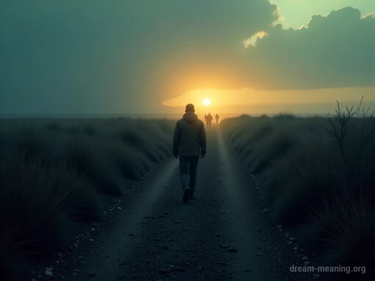 A distant, solemn procession on a road with a single observer.