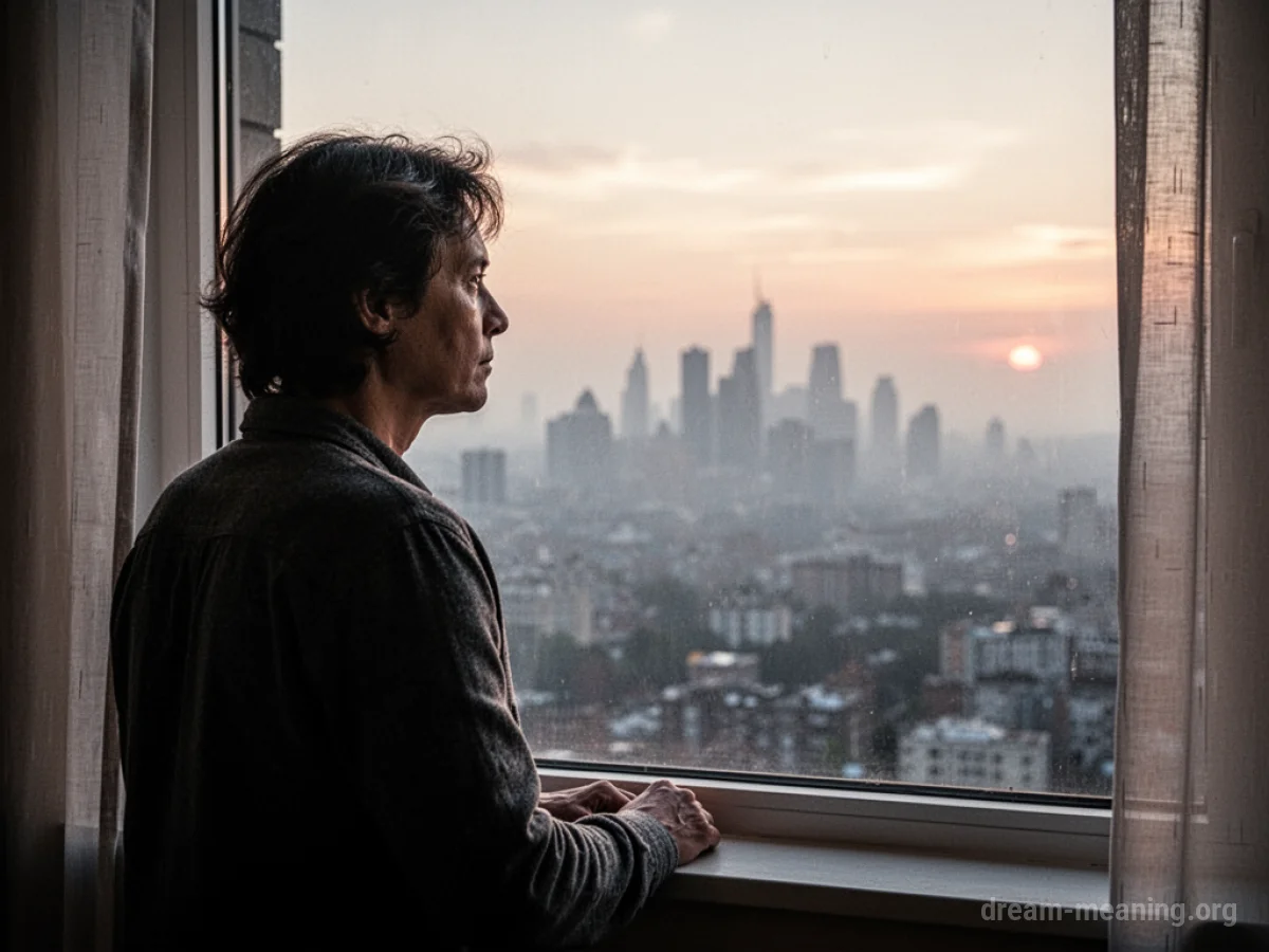 Silhouette of a person gazing out a window towards a distant city.