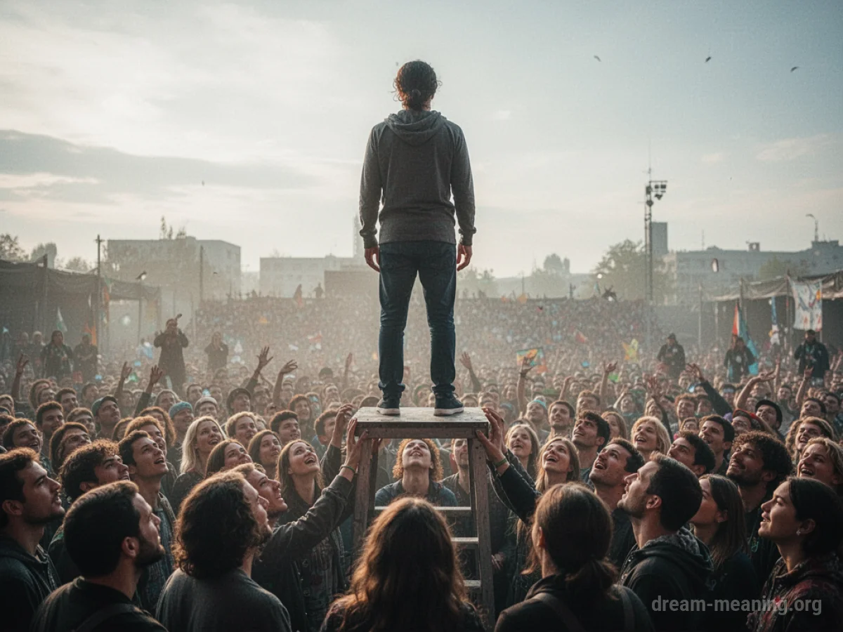 A silhouetted figure stands on a raised platform above a crowd.