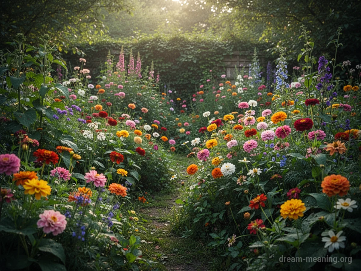 A close-up view of various colorful flowers and green leaves in a garden.