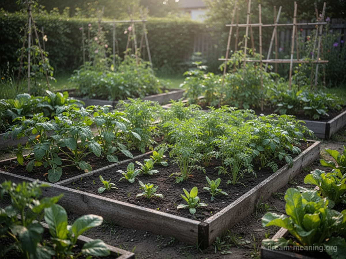 A cultivated garden plot with green plants.