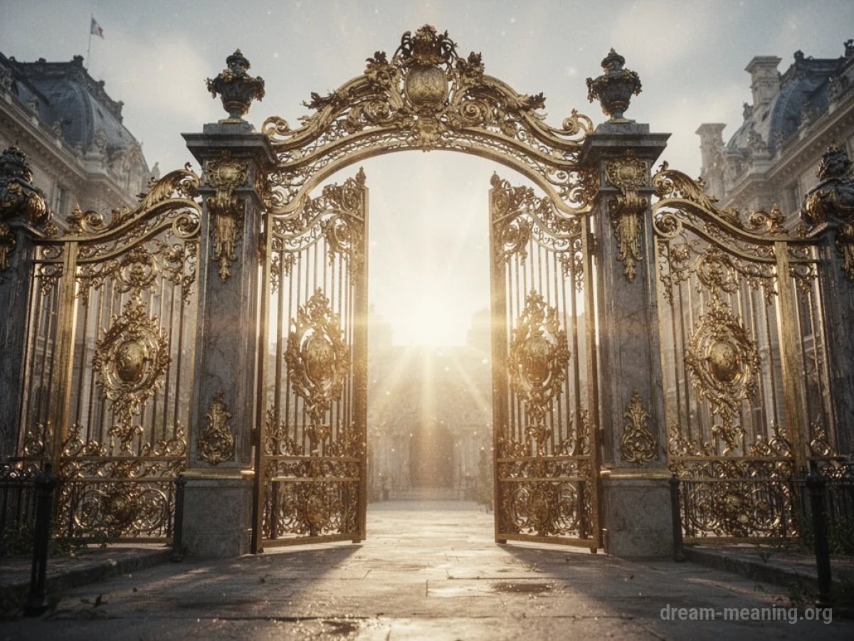 Ornate golden gates with light shining through an opening.