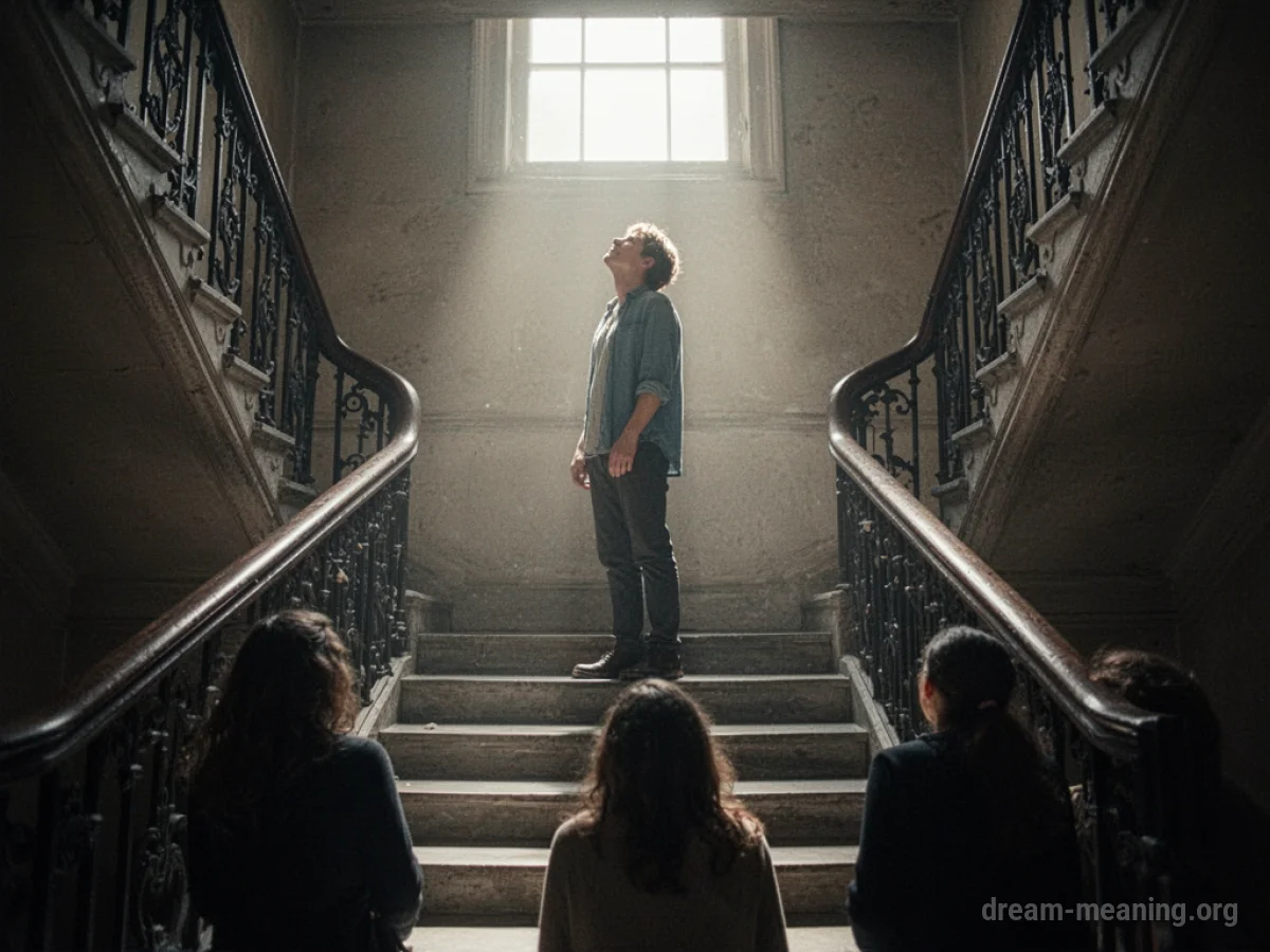 Silhouette of a person ascending a staircase towards light.