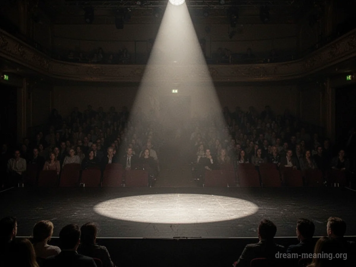An empty stage with a single spotlight and faint audience silhouettes.