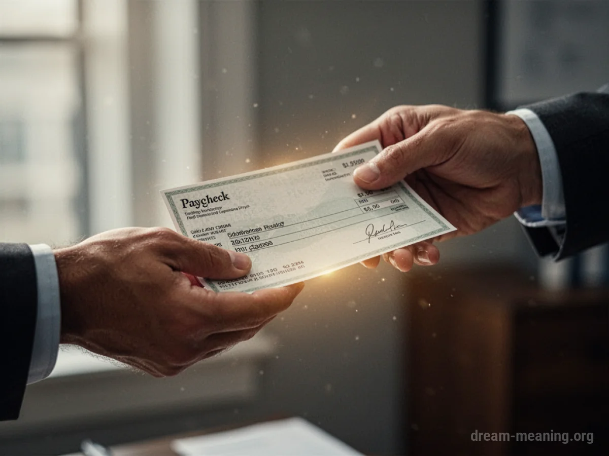 A hand receives a paycheck from another hand.