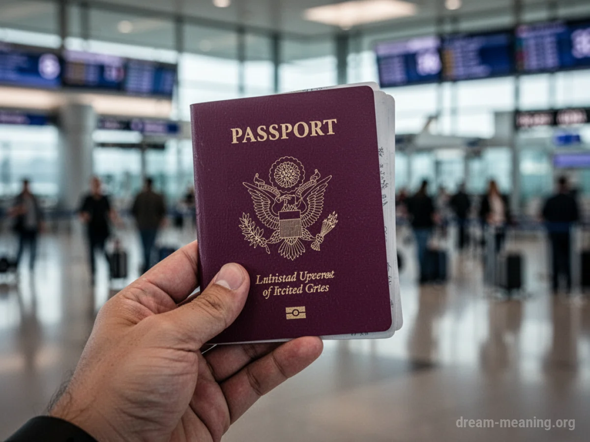 A hand holding a passport with a blurred airport gate in the background.