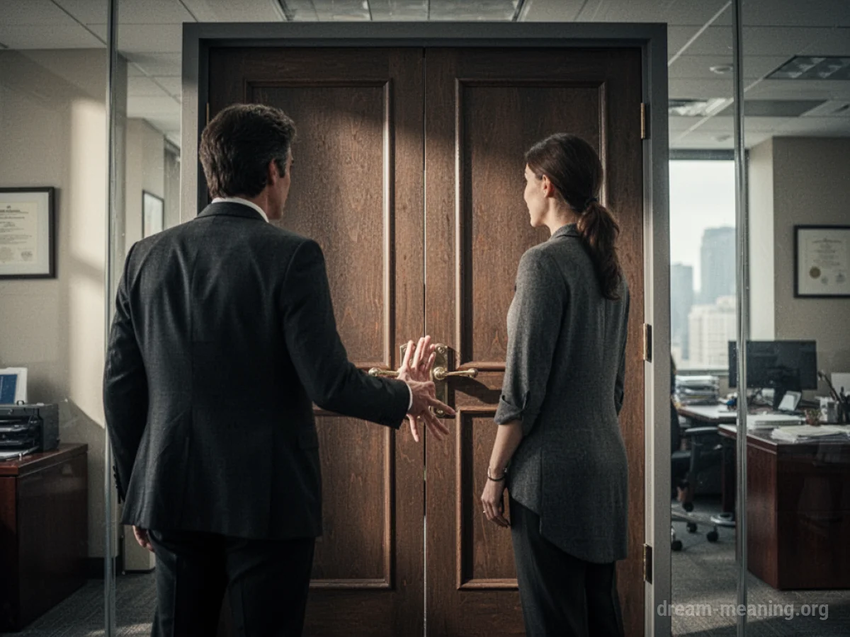 A silhouette of a person facing a closed office door.