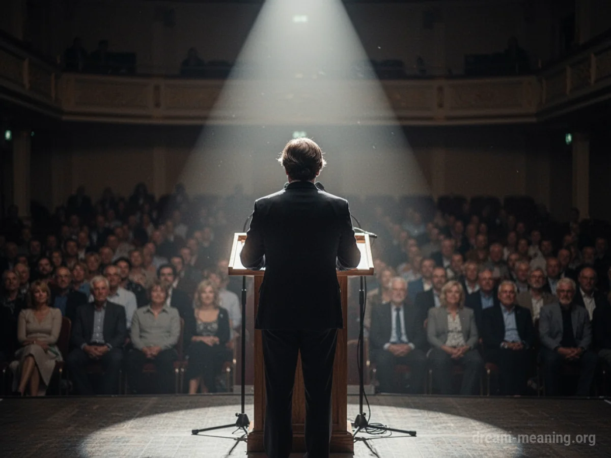 A person stands at a podium under a spotlight facing a dark, indistinct audience.