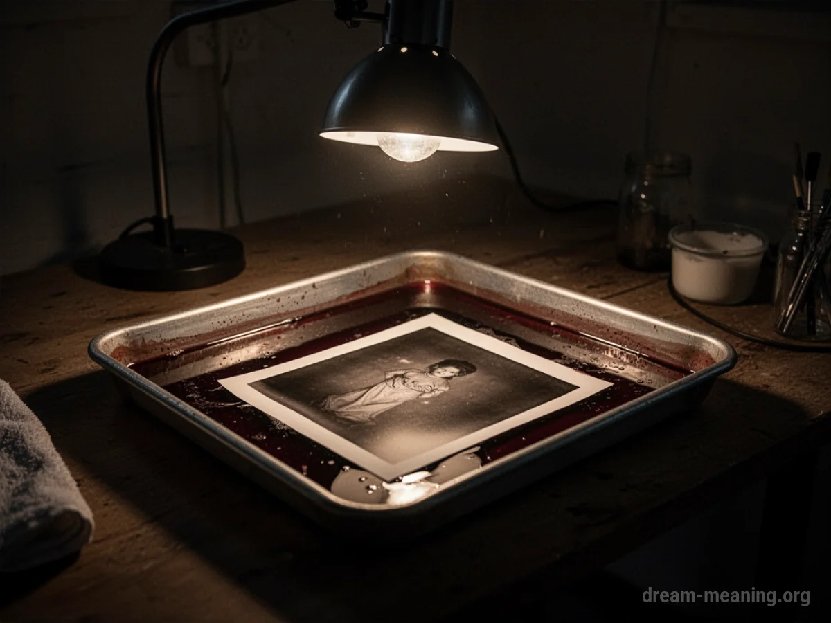 A photographic print emerging from dark liquid in a developing tray.