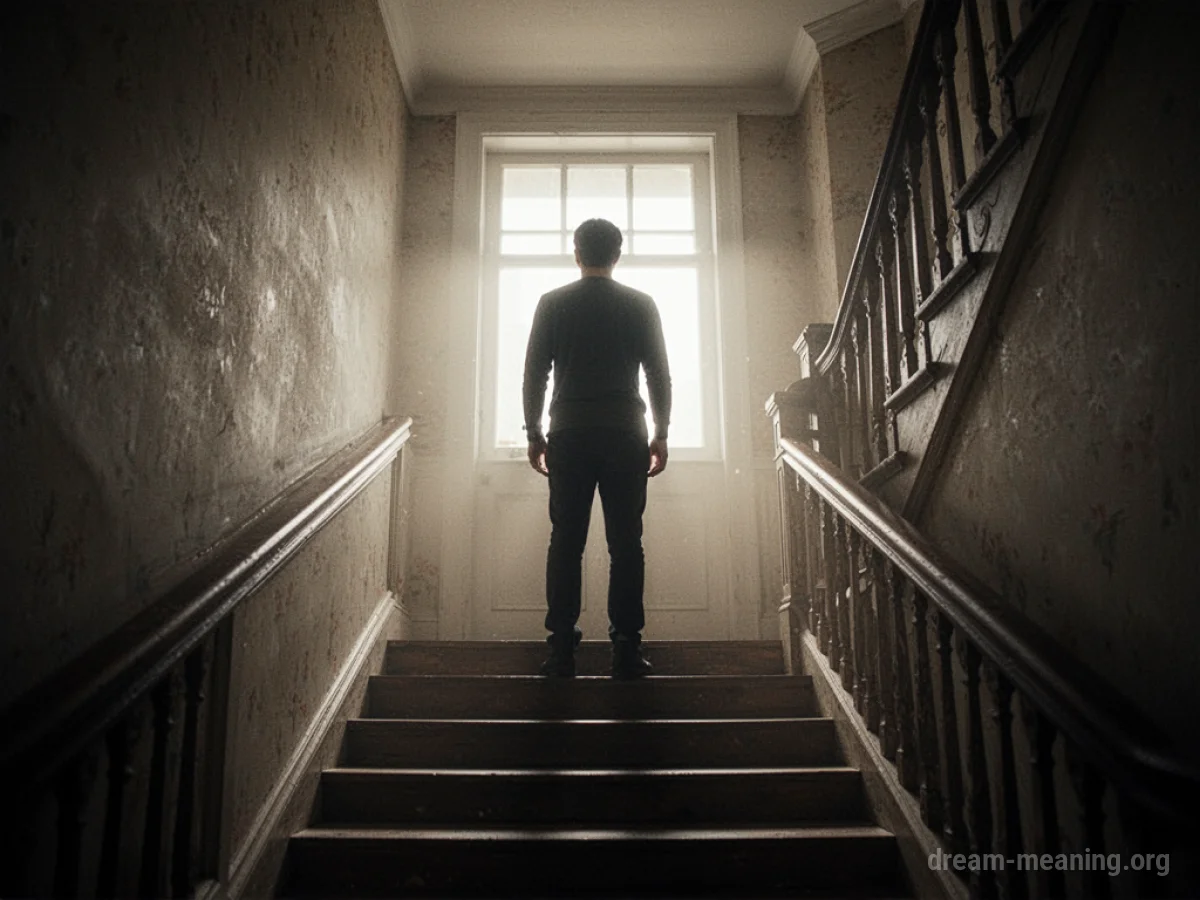 Silhouette of a person at the top of a staircase.