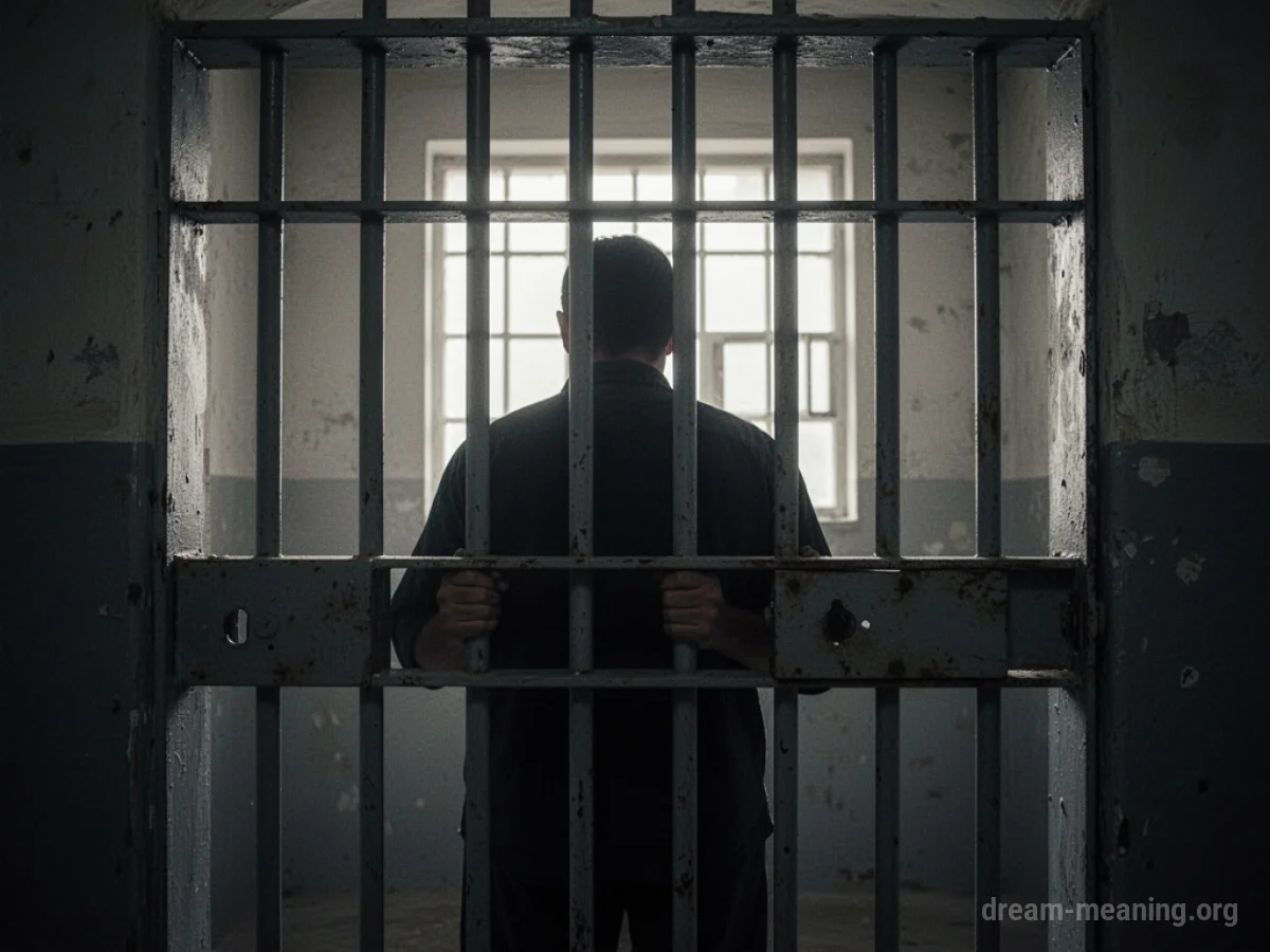 A figure seen through the bars of a jail cell.