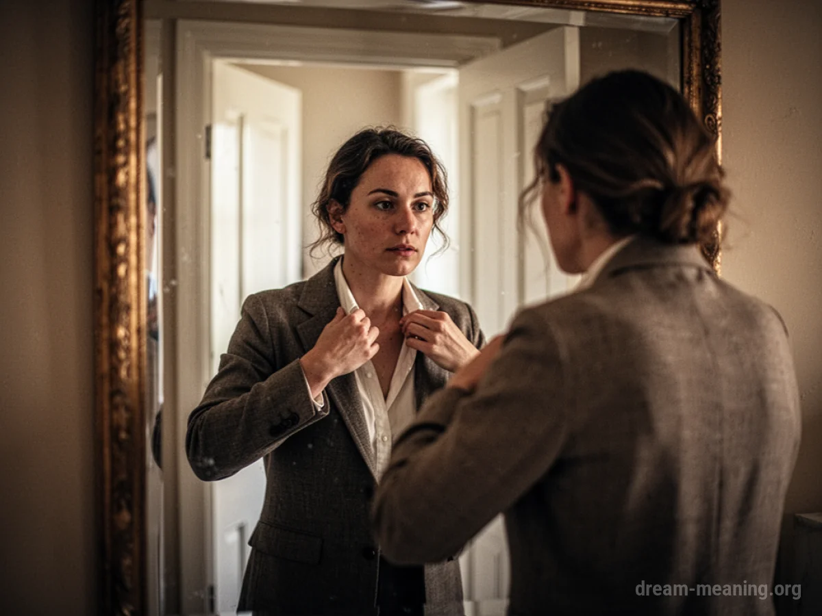 A person adjusting their formal attire in front of a mirror.