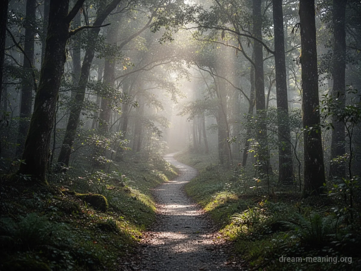 A person walking on a narrow, upward-sloping path in a misty forest.