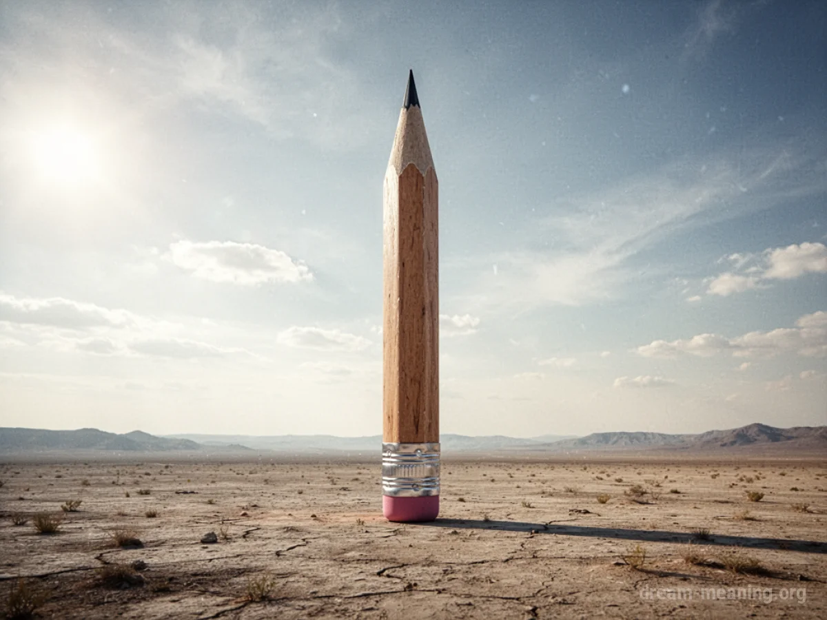 A very large pencil is standing vertically in a wide, open field.