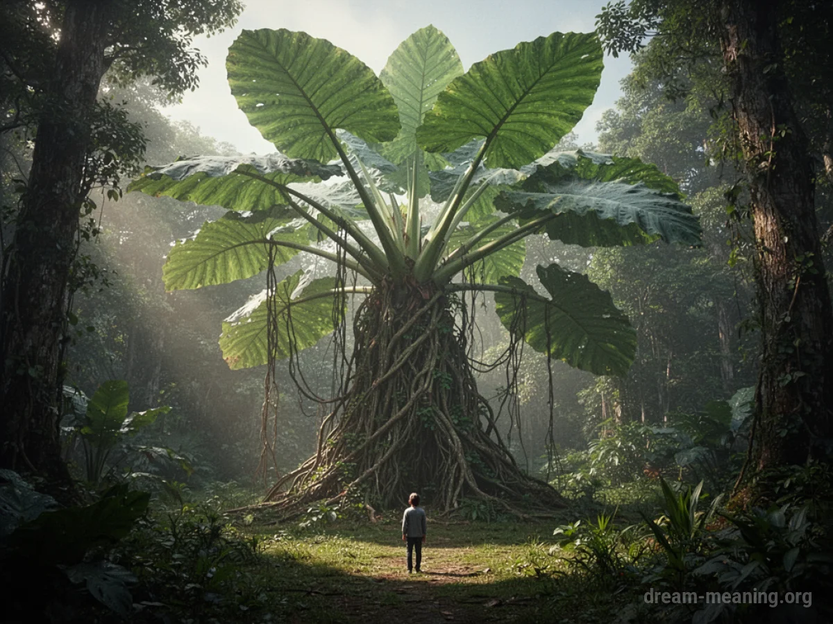 A colossal plant dwarfing a human figure.