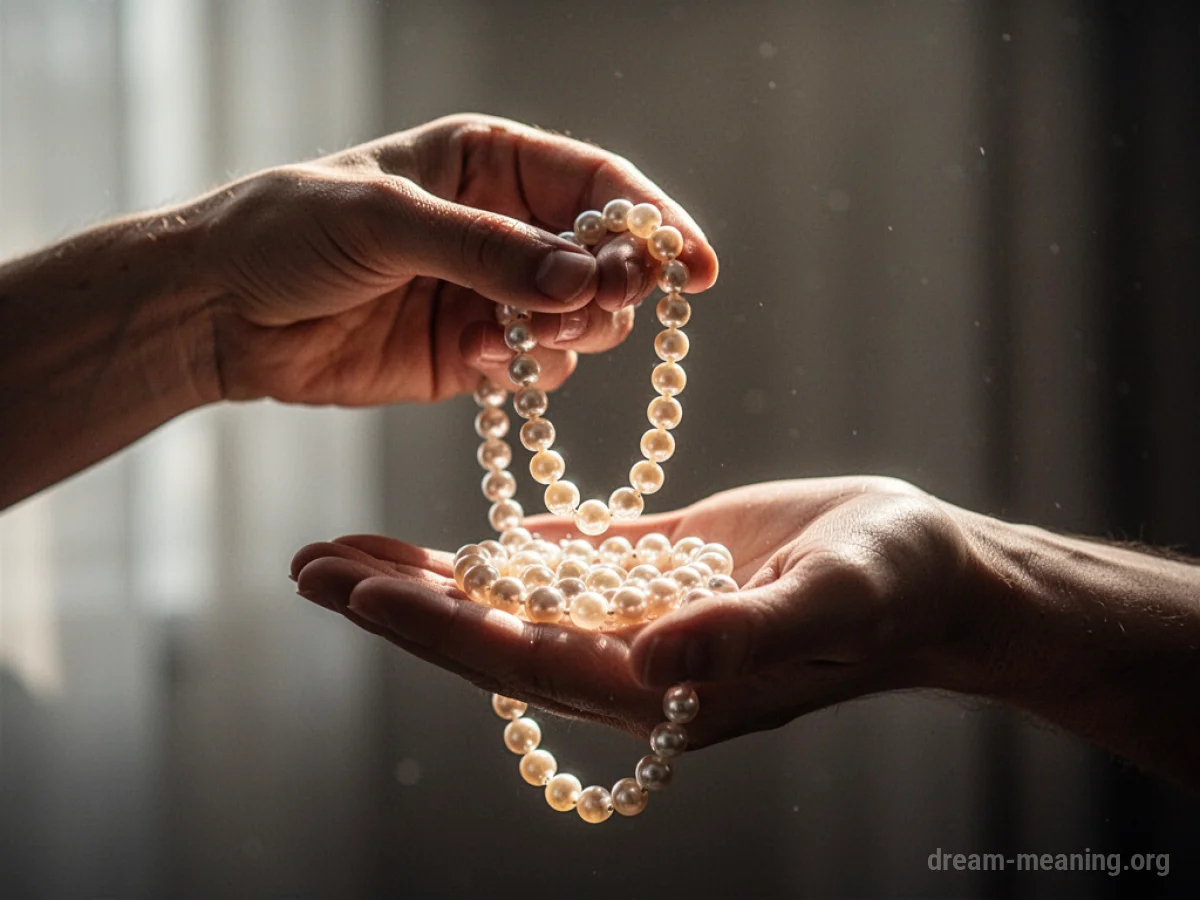 One hand presenting a string of pearls to another open hand.