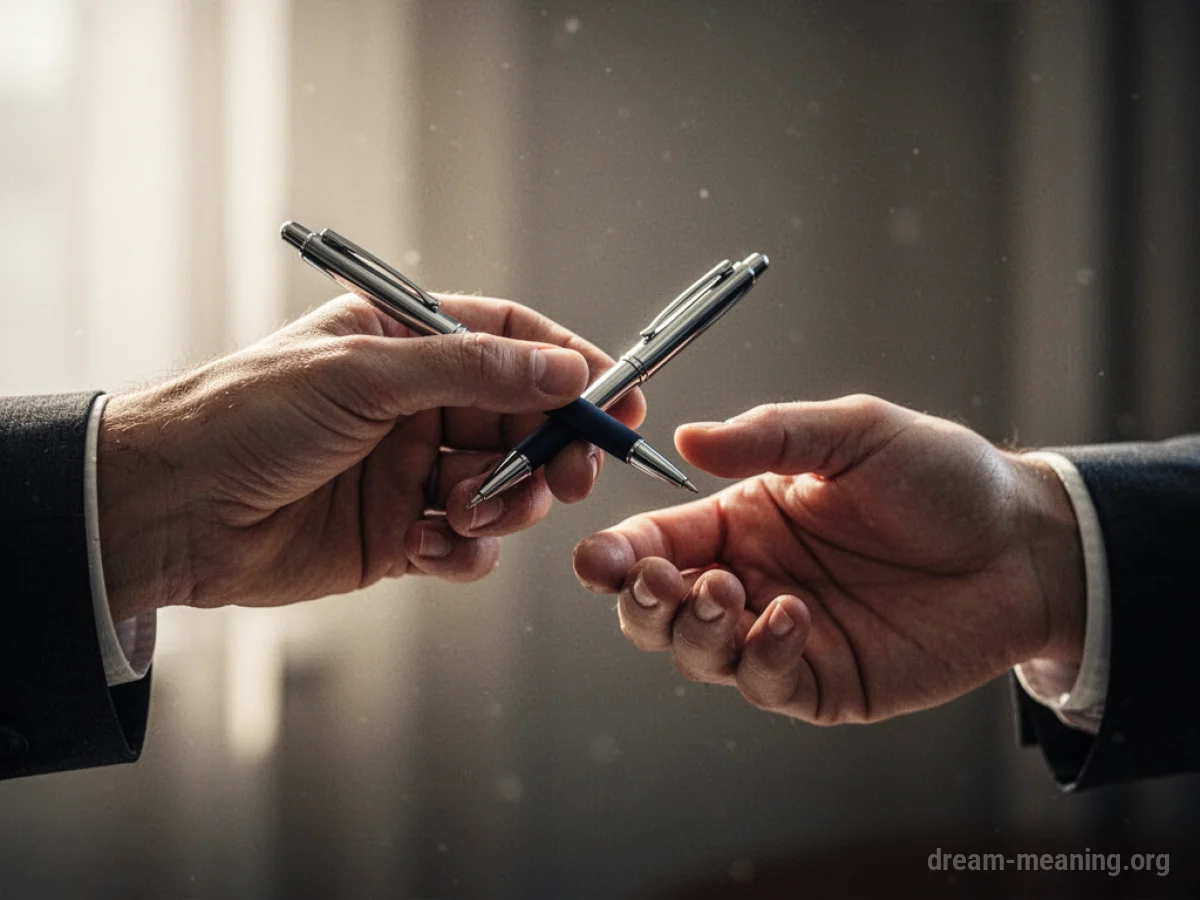A hand offers a writing pen to another hand.
