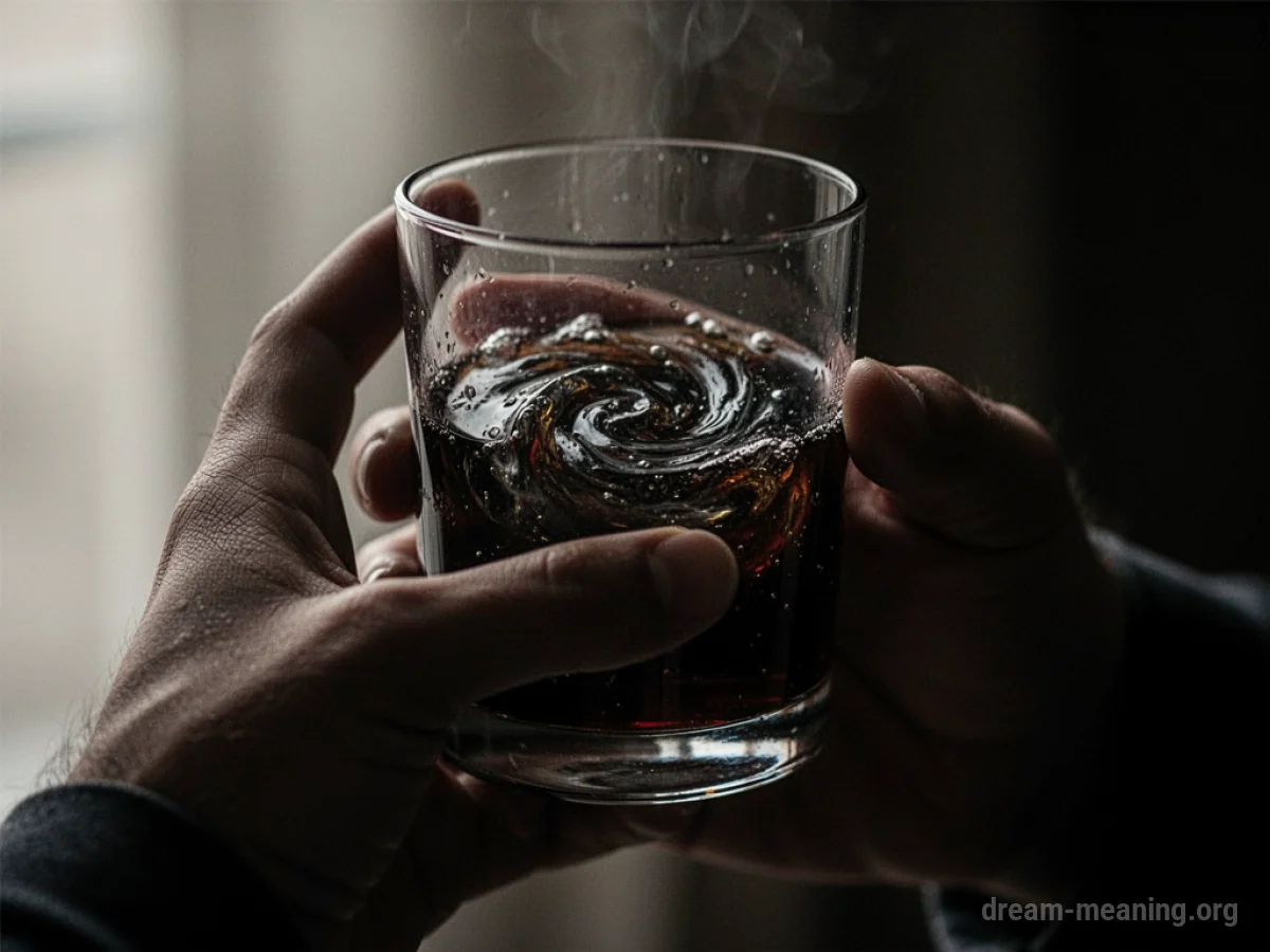 A shadowed hand offers a glass of dark liquid.