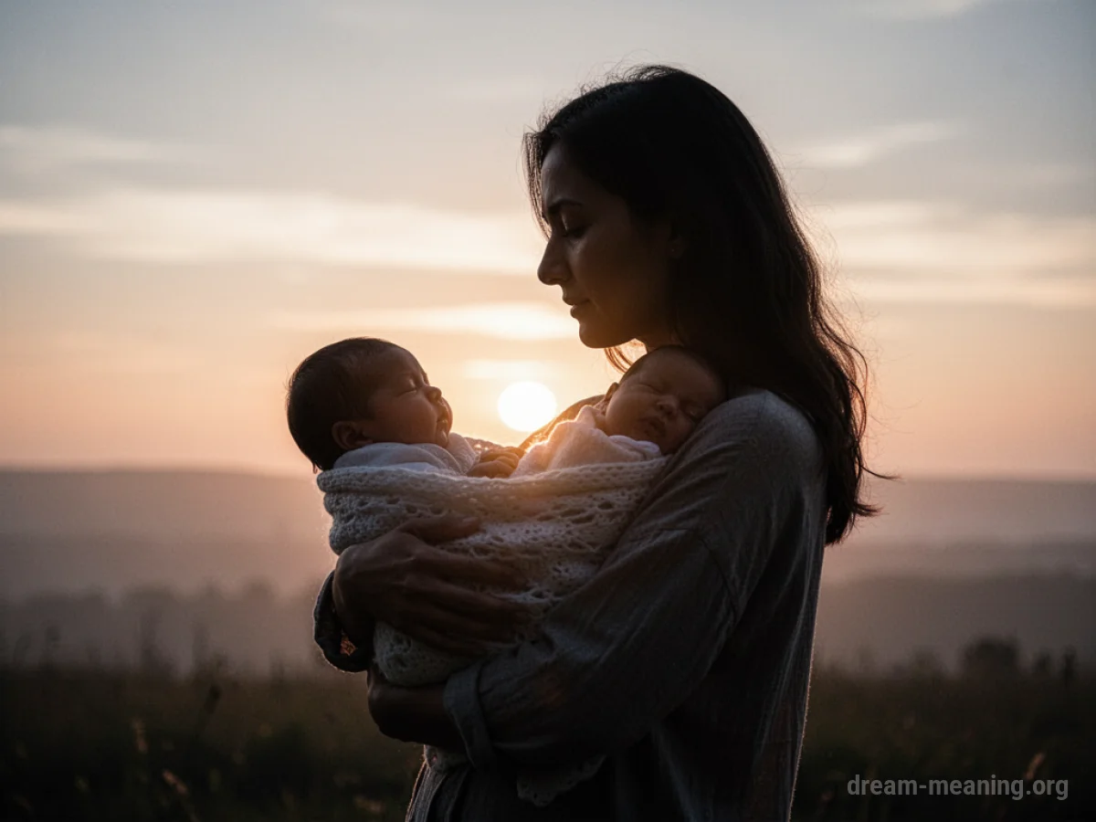 Silhouette of a person holding a baby with a sunrise in the background.