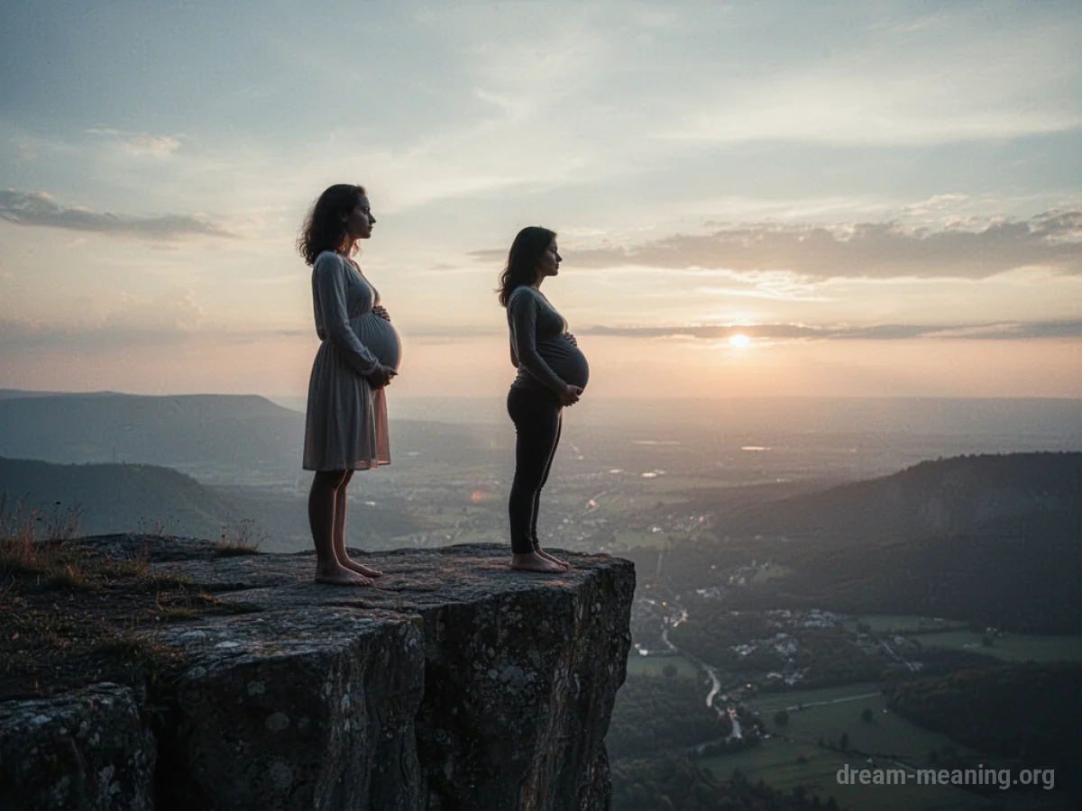 Silhouette of a pregnant person standing on a cliff edge.