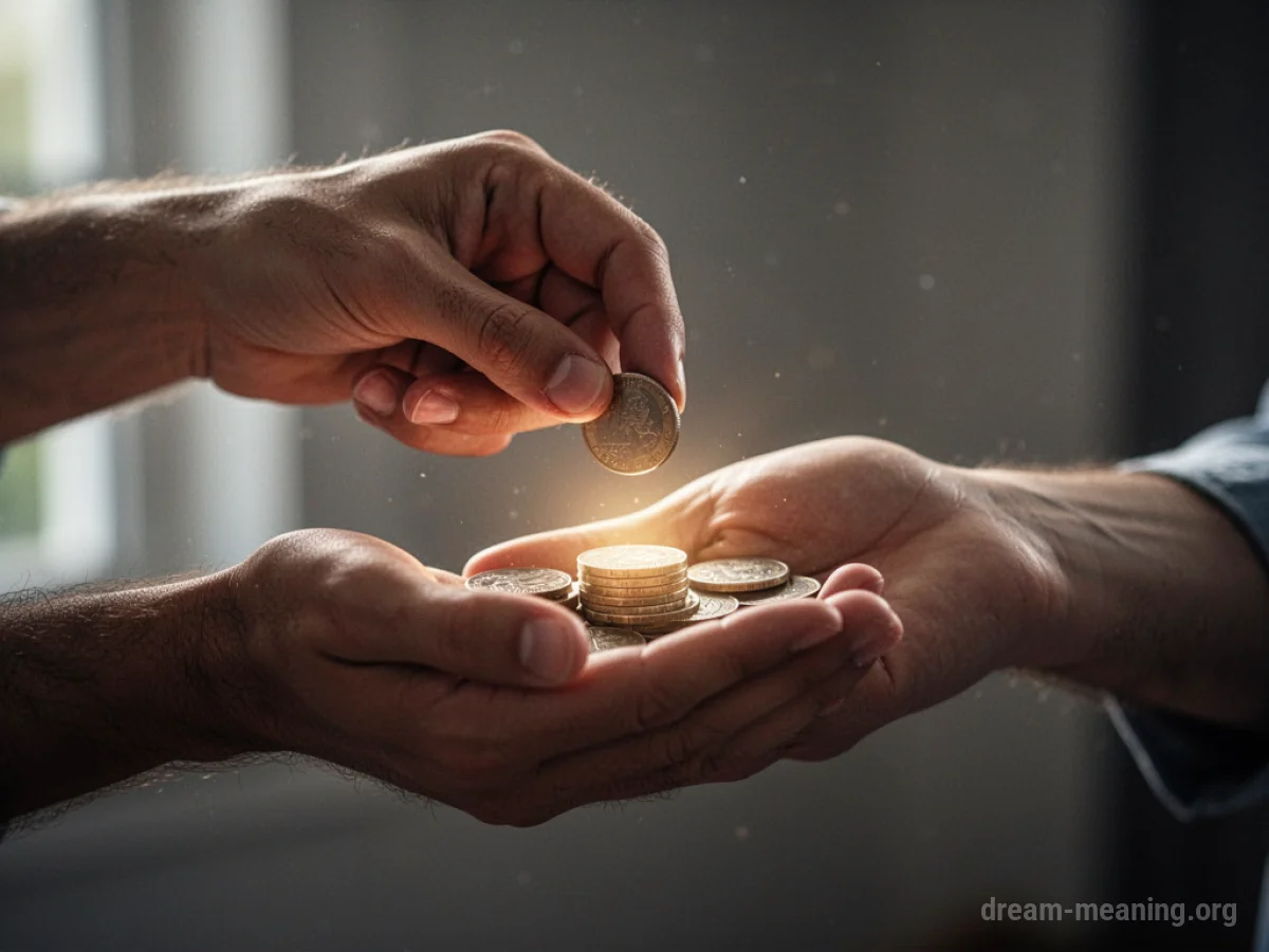 A hand giving coins to another hand.