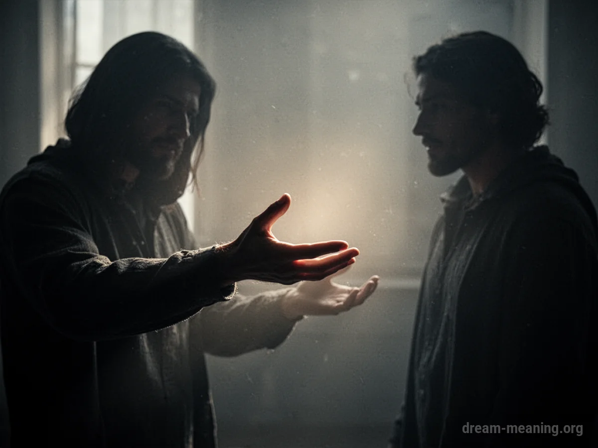 Two indistinct figures, one extending a hand towards the other.