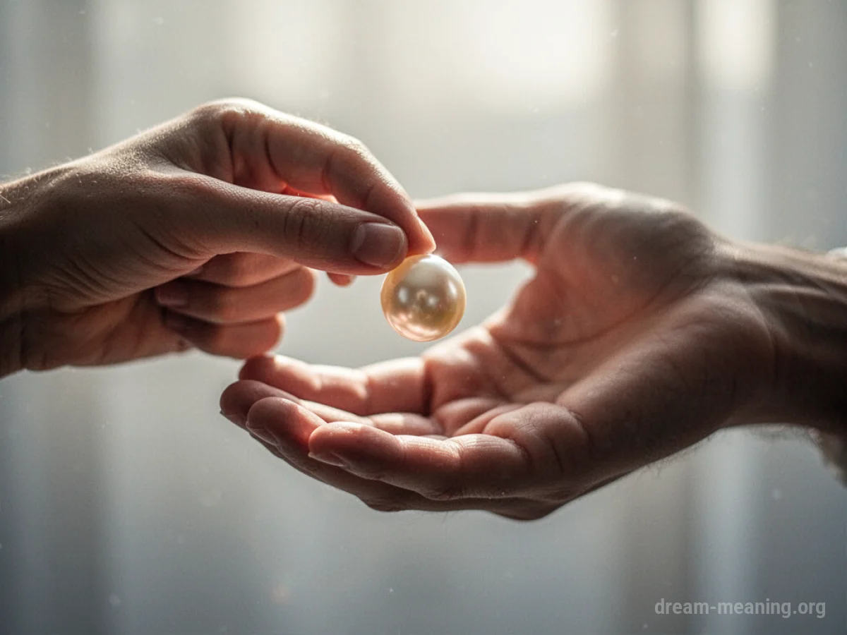 A hand holds out a pearl towards another open hand.