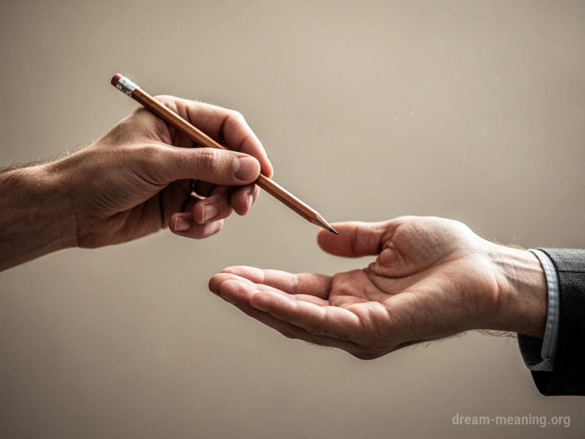 A hand offering a pencil to another person.