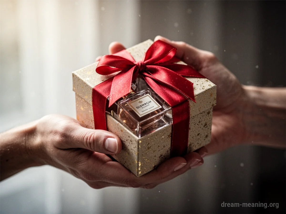 A person presenting a wrapped gift box.
