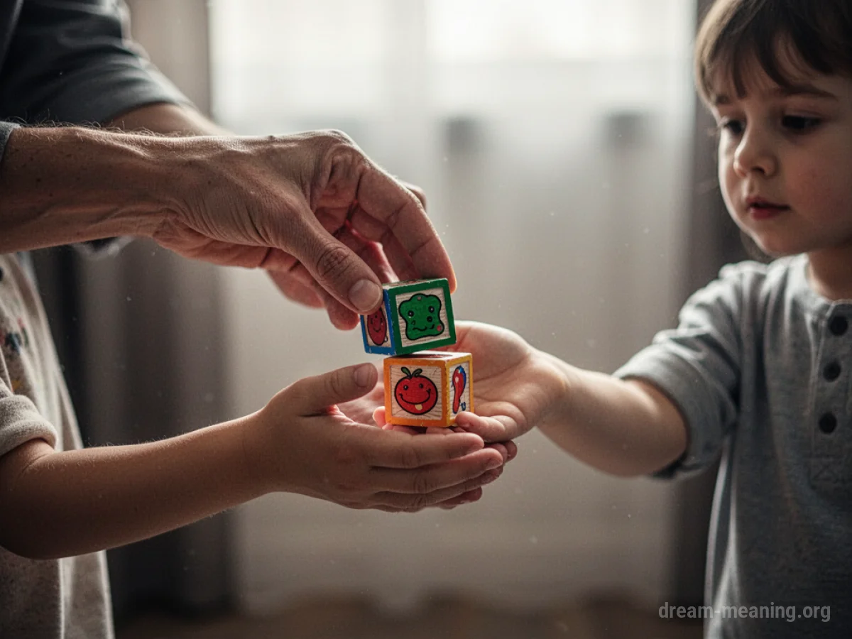 A close-up of an adult hand offering a toy block to a child's hand.