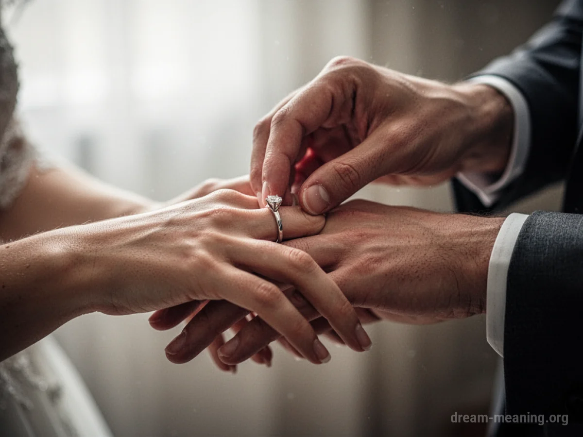 A hand offering a ring to another hand.