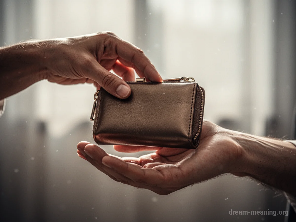 A hand offering a purse to another person's open hand.