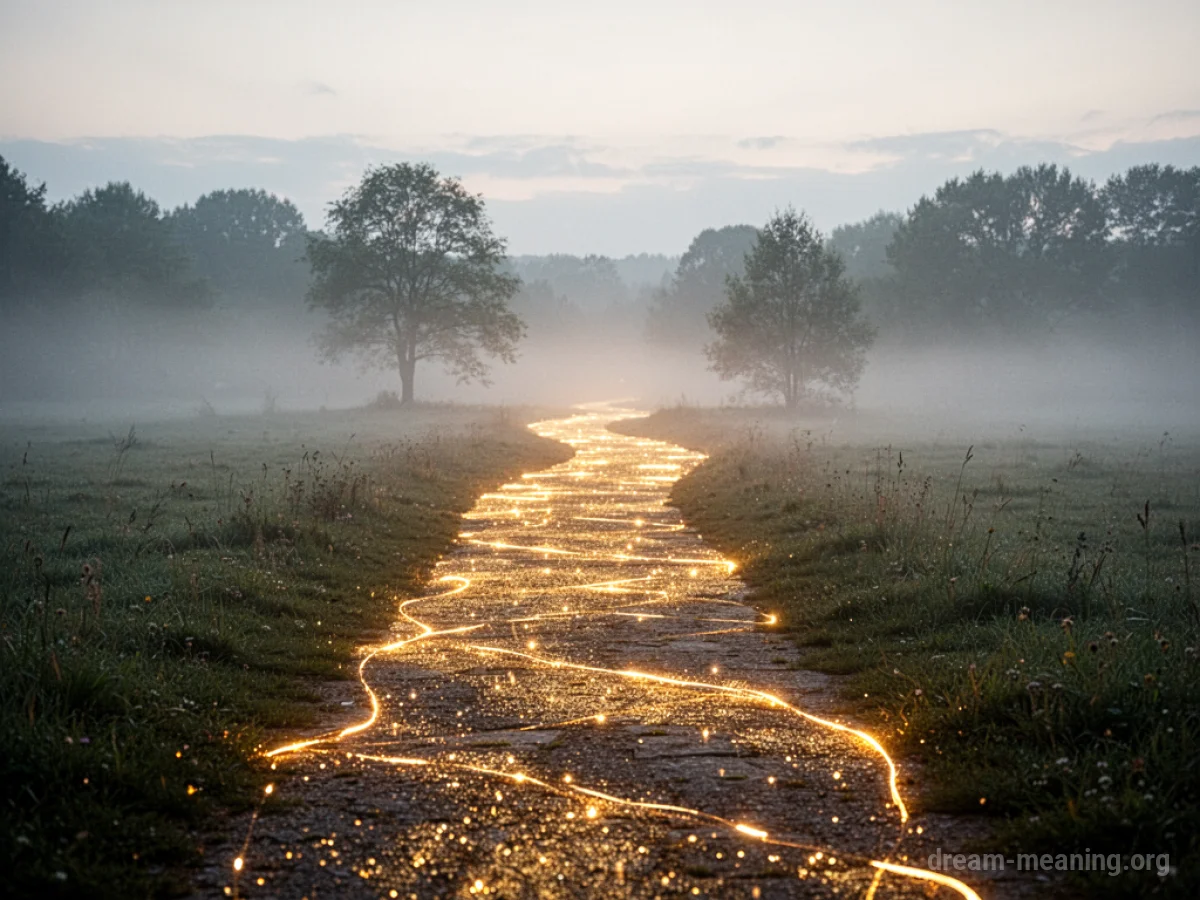 A glowing golden pathway leading into a hazy, ethereal landscape.