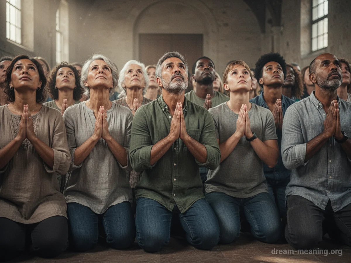 A diverse group of people praying together in a circle.