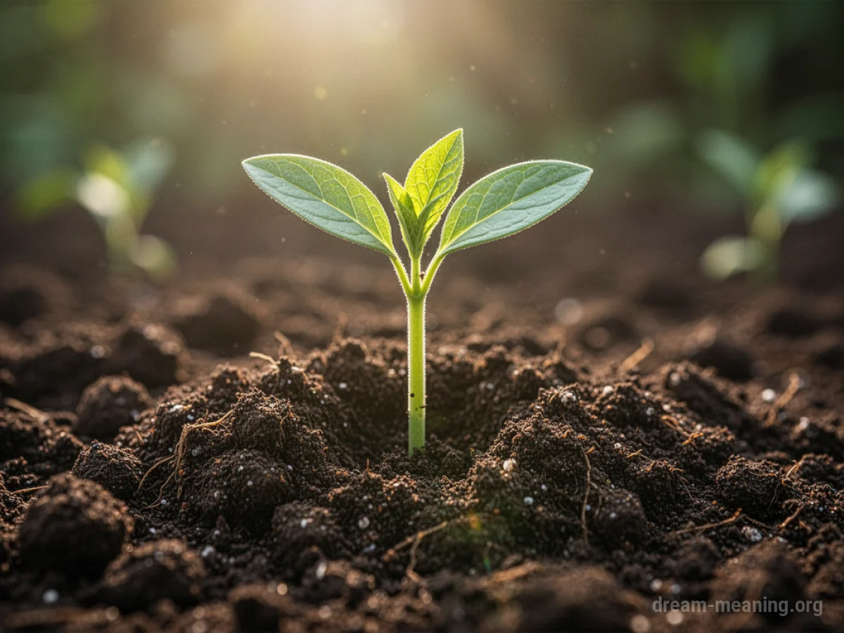 A green seedling emerging from dark soil.