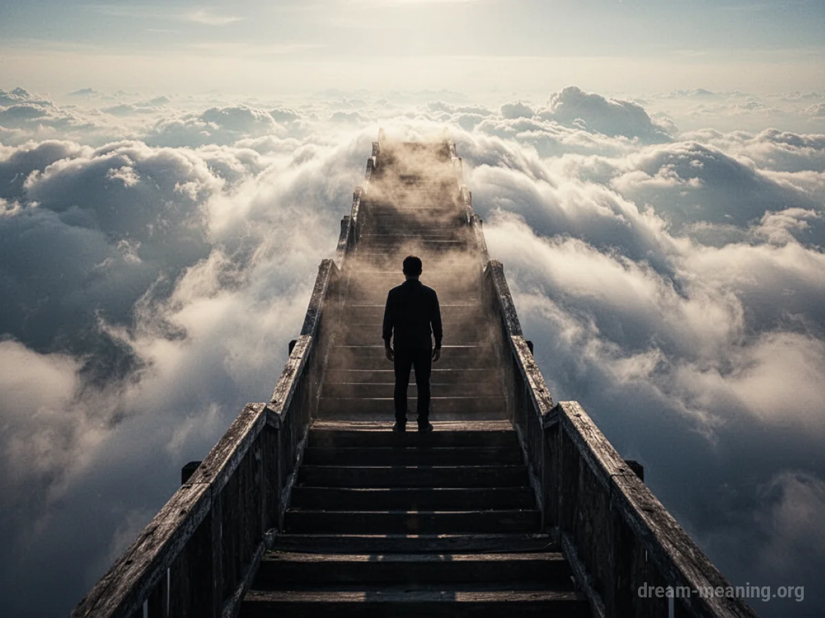 Silhouette of a person standing on a staircase that leads upwards into clouds.