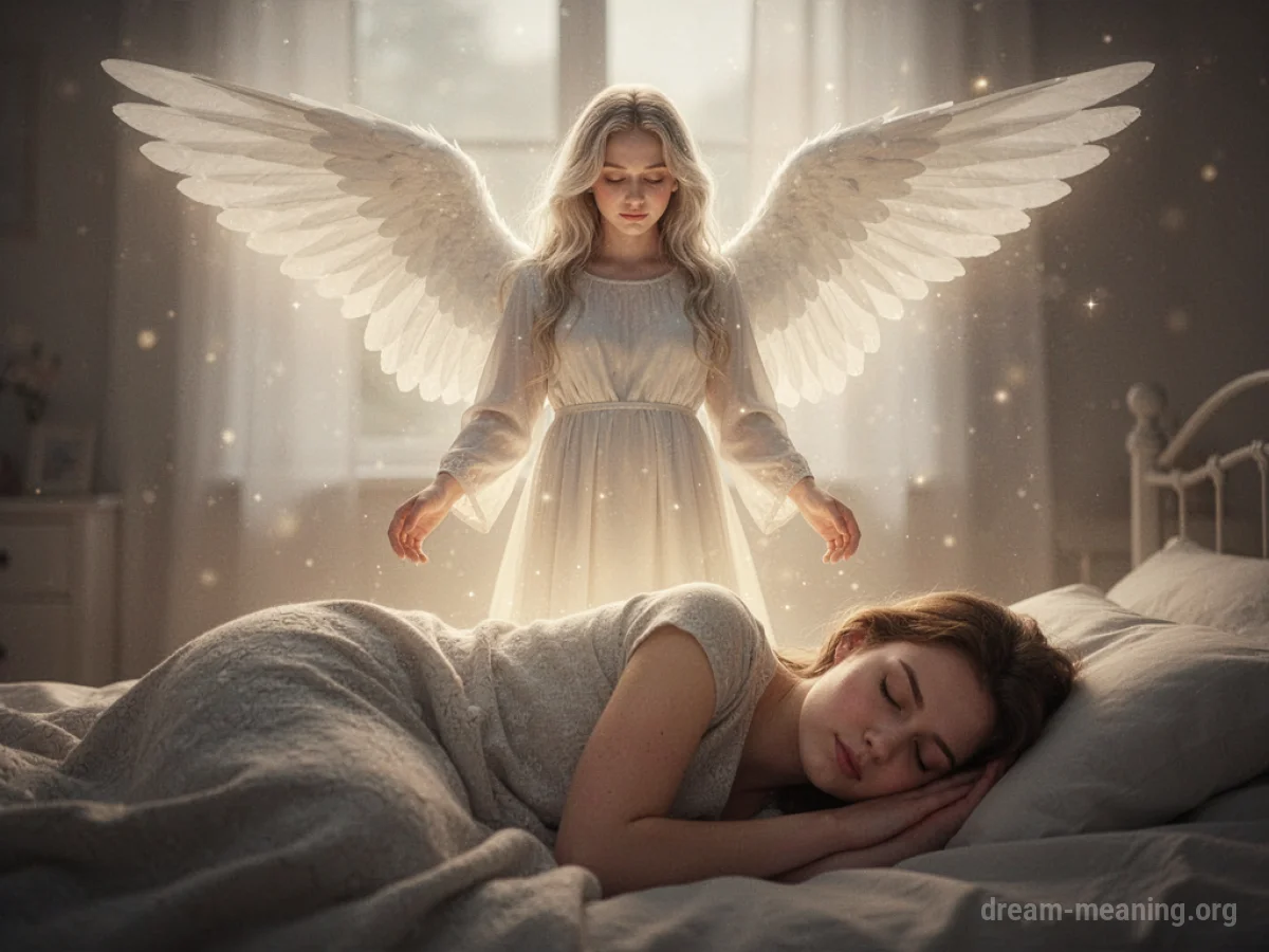 An angelic figure with luminous wings watches over a person sleeping peacefully.