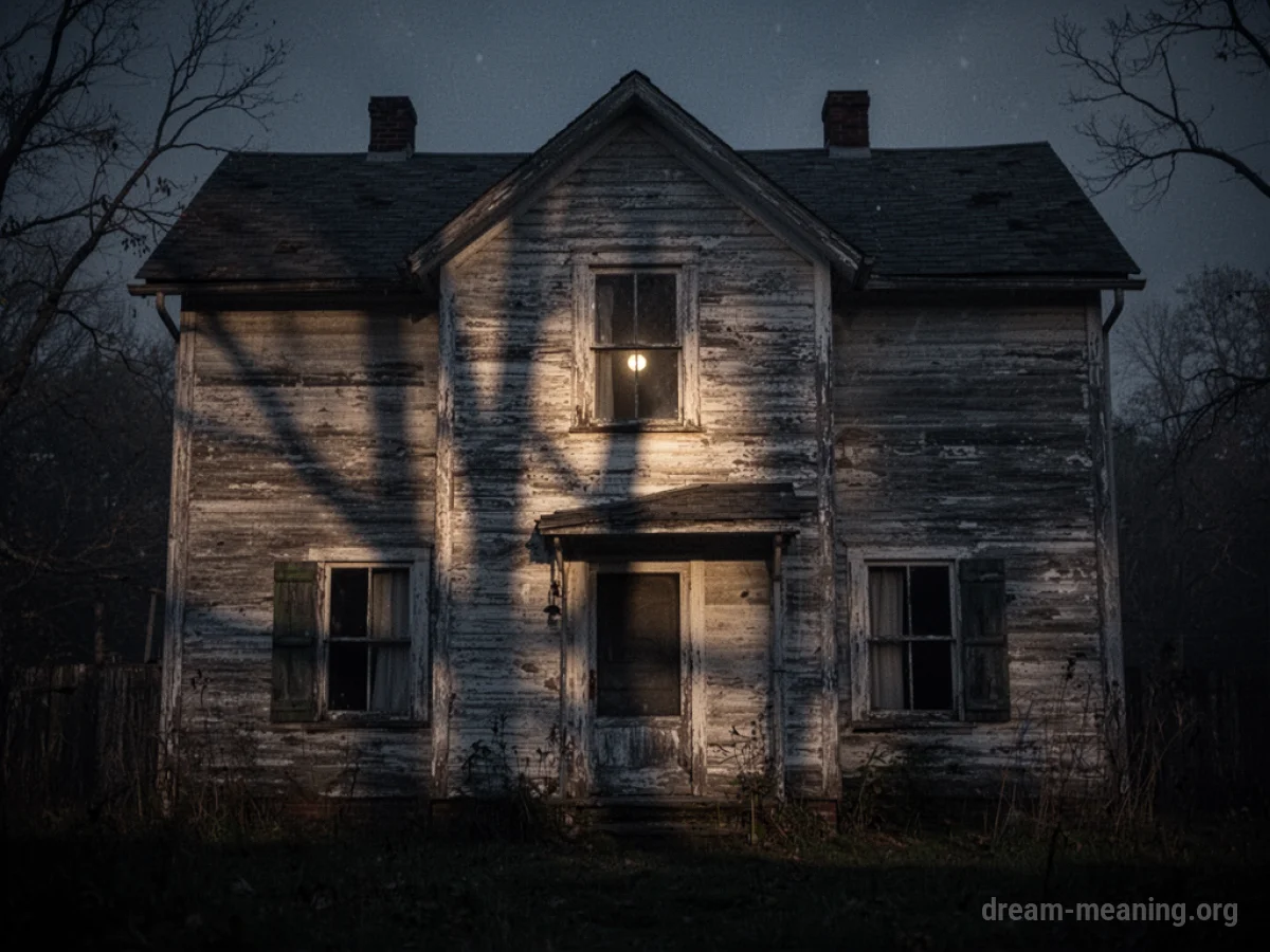 An old, dark house with long shadows and a single light in a window.