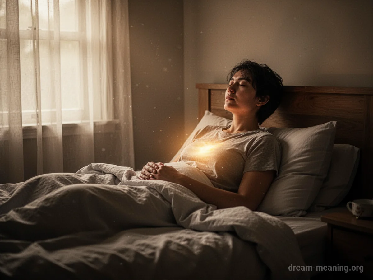 A person sitting up in a bed with light shining on them.