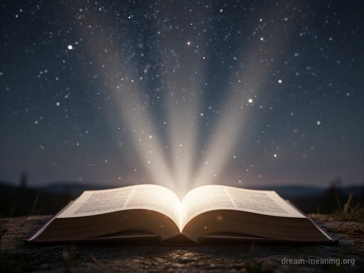 Light rays shining from an open book towards a night sky.