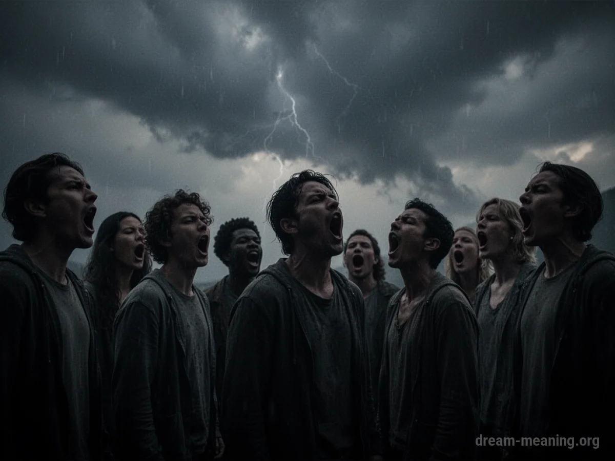Silhouettes of people with mouths open against a stormy sky.