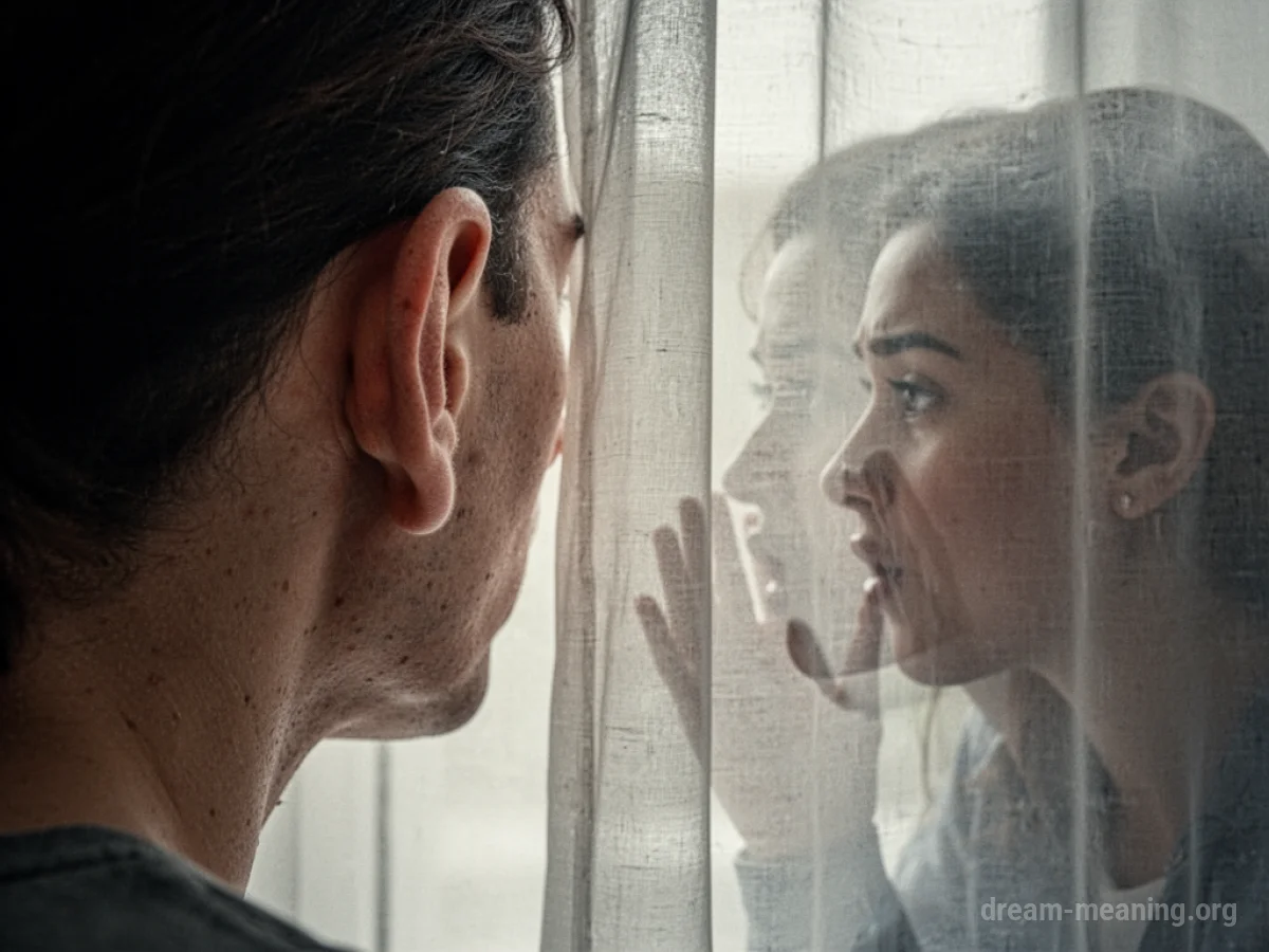 Close-up of a human ear with faint, shadowy figures barely visible behind a sheer curtain in the background.